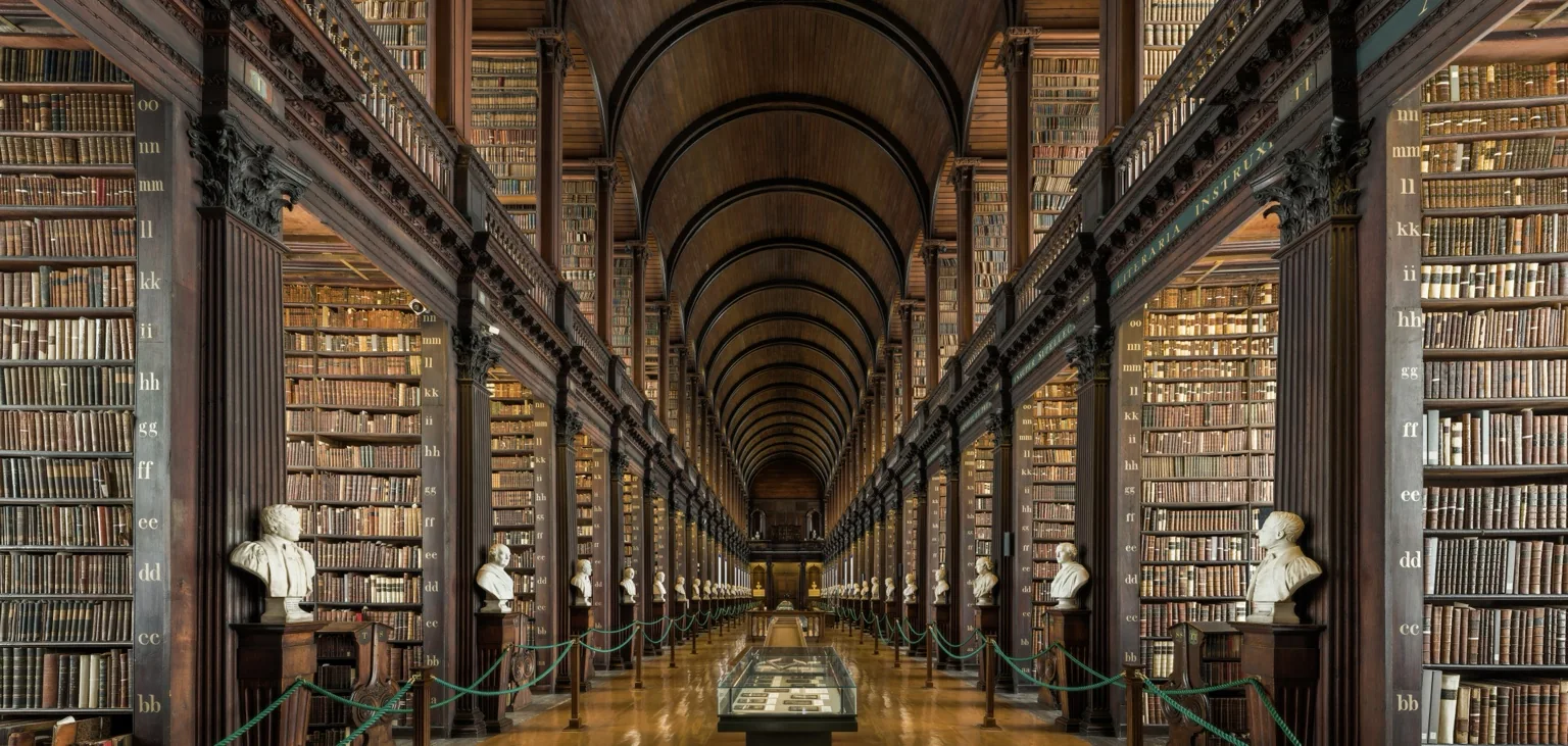 Monumentale bibliotheekzaal als beeld bij precies kijken en leren.